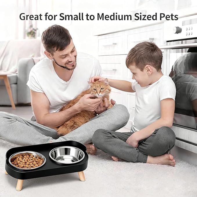Elevated Cat Bowls, 2 Stainless Steel Raised Cat Food and Water Bowl Set, Splash Proof & Non-Slip, Whisker Fatigue Friendly, Dishwasher Safe for Cats and Small Dogs - Black