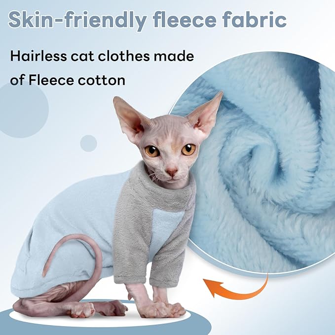 T'CHAQUE Sphynx Cat Clothes, Soft Fleece Cat Sweaters for Cats Only, Sphynx Hairless Cats, Cat Pajamas with Sleeves, Kitten Hairless Cat Winter Clothes, Winter Warm Cat Outfit Onesie Jumpsuit Hoodie
