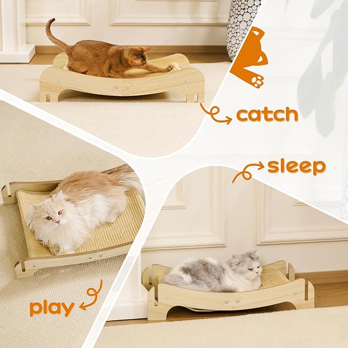 Two-Tier Sisal Cat Scratcher Bed Durable Cats Hammock Lounge for Scratching Pad, Wood Scratch Board for Indoor Kittens & Adult Cats, Easy Assembly Cats Furniture