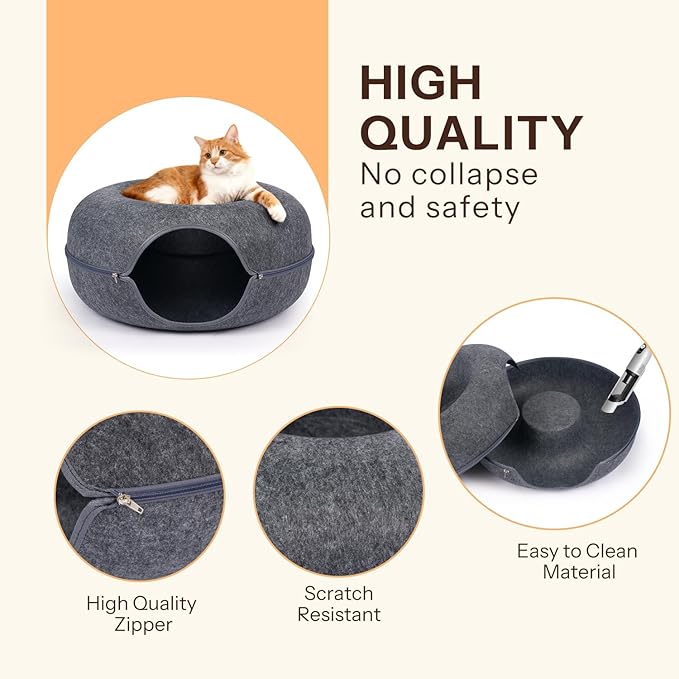 Peekaboo Cat Cave Bed for Indoor Cats, Scratch-Resistant Cat Donut Tunnel for Multiple & Large Cats, Detachable Round Cat Hideaway for Playing, Sleeping and Hiding