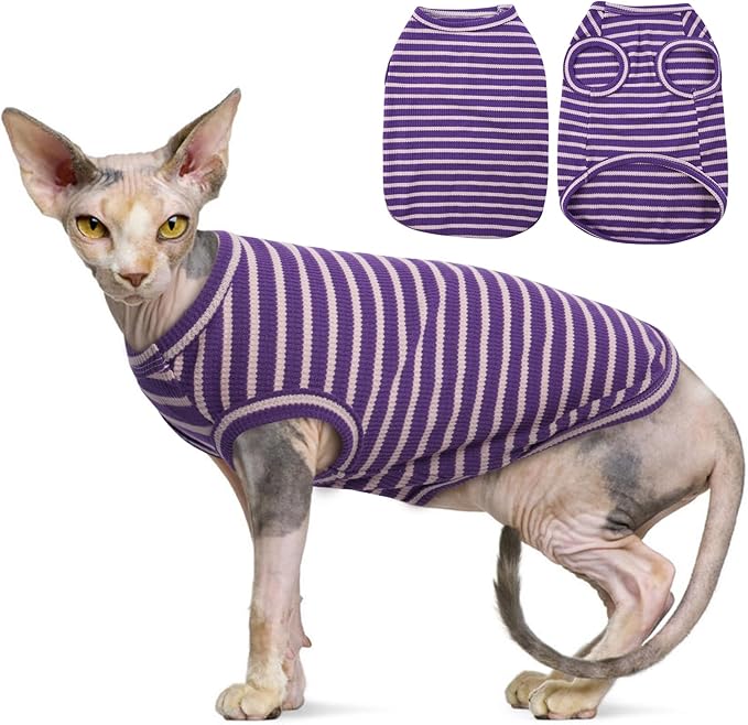 Sphynx Cat Clothes, Breathable Hairless Cat Shirts, Stripe Kitten T-Shirts Sleeveless, Pullover Cat Sweaters, Pet Summer Apparel for Sphynx, Cornish Rex, Devon Rex, Peterbald, Small Dogs