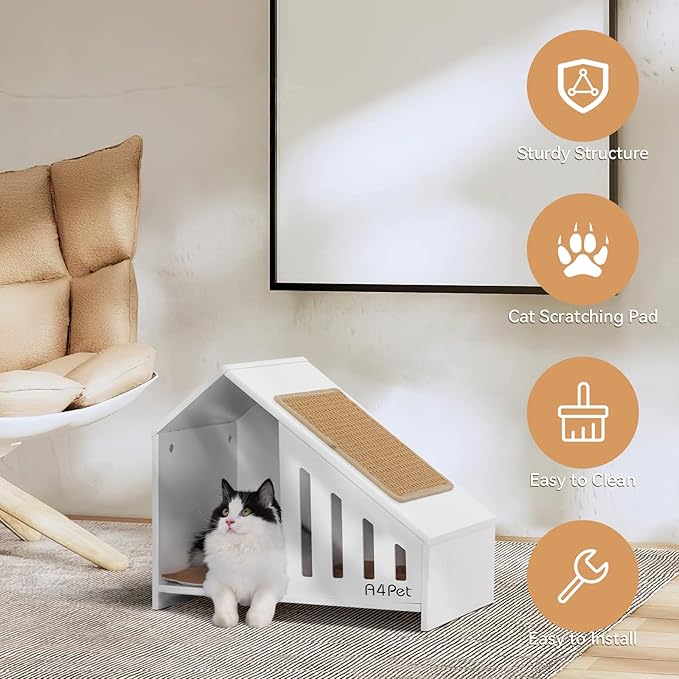A4PET Cat House Wooden Cat Condo Cat Beds for Indoor Cats with Scrather Cushion with Non-Slip Silicone, Cat Furniture Pet House for Cats Small Dogs