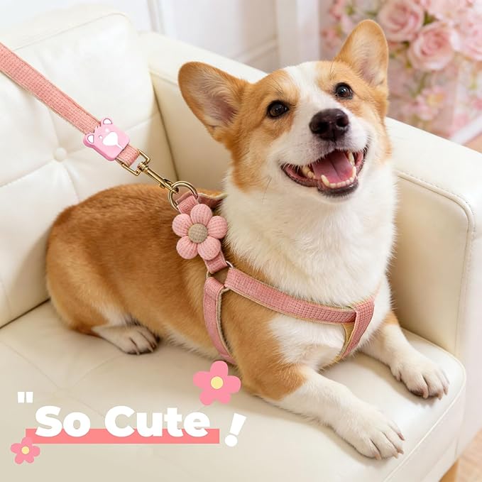 PETCARE Cute Flower Dog Harness and Bowtie Leash Set Easy Walk Puppy Dog Halter Harnesses for Small Dogs Girl Step in Dogs Harness with Buckle (Pink, Chest Adjustable 13"-20", Rope Width 0.79")