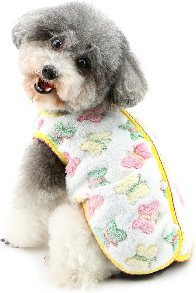 Cute Jacquard Butterflies Pet Fleece Vest for Small Dog Puppy Sleeveless Sweater Back Button Down Yorkie Chihuahua Fall Winter Clothes Cat Clothing,White,S