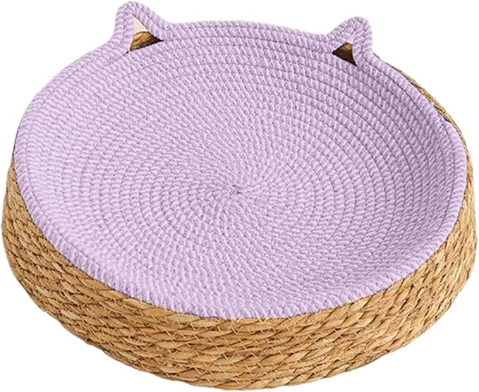 Woven Cat Scratch Bowl - Cotton Rope Round Cat Bed, Kitten Ear Design Scratching Board, Durable Claw Grinding Lounge Toy,