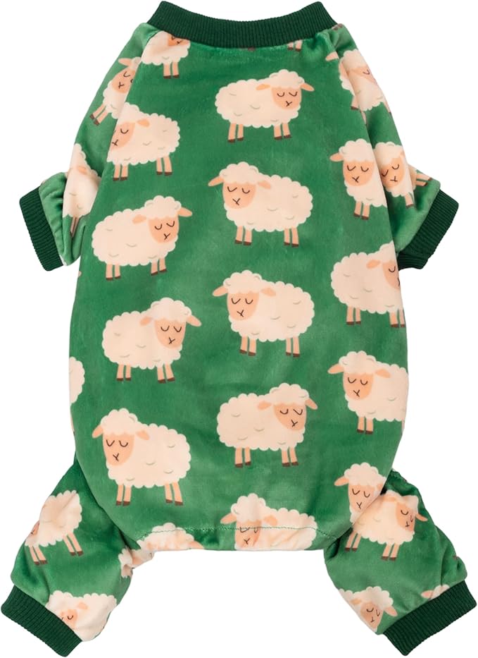 Fitwarm Funny Sheep Dog Pajamas, Warm Winter Dog Clothes for Small Dogs Boy Girl, Cozy Pet Onesie with Feet, Green, White, Large