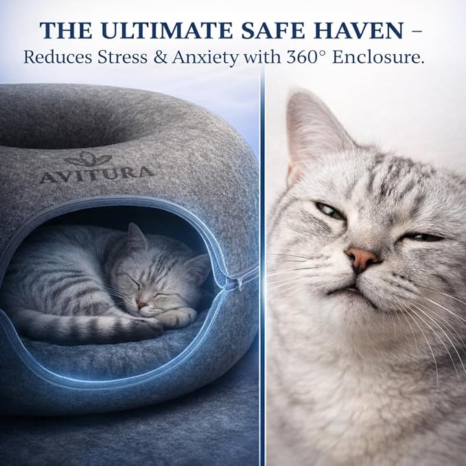 AVITURA Peekaboo Cat Cave - Large Cat Tunnel Bed for Indoor Cats up to 30lbs, Durable Felt Cats Donut Cave & Interactive Scratch Resistant Hideaway, Detachable Zippered Kitty Bed & Pet Cave, Dark Grey
