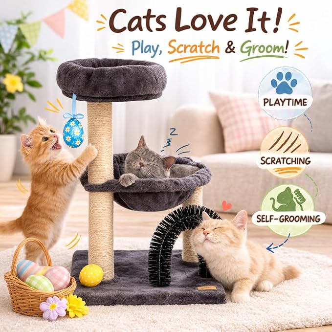 27.8" Small Cat Tree with Easter Eggs,Multi-Level Cute Cat Tree with Scratching Post| Plush Hammock| Perch| Random 3 Pcs Easter Eggs| Groomer Brush for Kittens Play & Rest