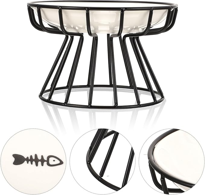 TOYANDONA Elevated Ceramic Cat Bowl Set with Neck Guard, Non-tip Black Iron Rack, Fishbone Plate Design for Indoor Pet Feeding and Watering