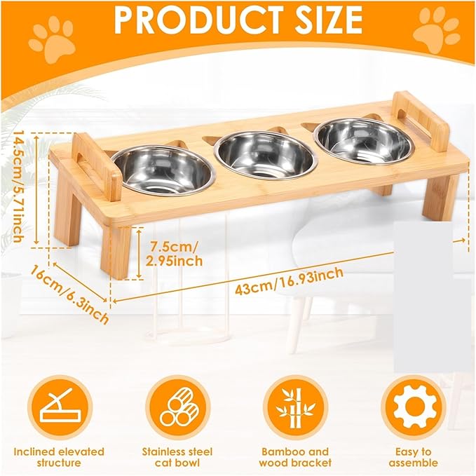 Stainless Steel Elevated Cat Feeder Bowl Stand with 3 Dishes for Dry Wet Food Water