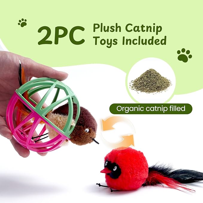 Cat Toys for Indoor Cats - Interactive Ball Cage Cat Toy with Realistic Bird Sounds & 2 Catnip Plush Toys, Motion-Activated Hunting Simulation Toy for Cats