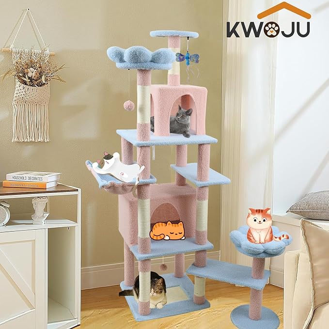 Flower Cat Tree 71 Inches，Large Cat Tower with 2 Detachable Flower Cushions and 2 Hiding Condo, Tall and Big Cat Tree with Hammock Bed, Interactive Toys and Scratching Posts for Indoor Cats (Blue)