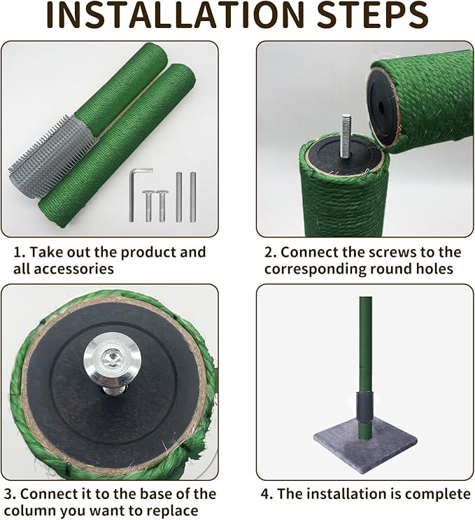 Fhiny 2PCS Cat Scratching Post Replacement, 15.7inch M8 Natural Sisal Cat Scratch Post with Cat Self Groomer Refill Pole Parts Kitten Climbing Furniture Protector Hemp Rope Scratcher for Spare Green