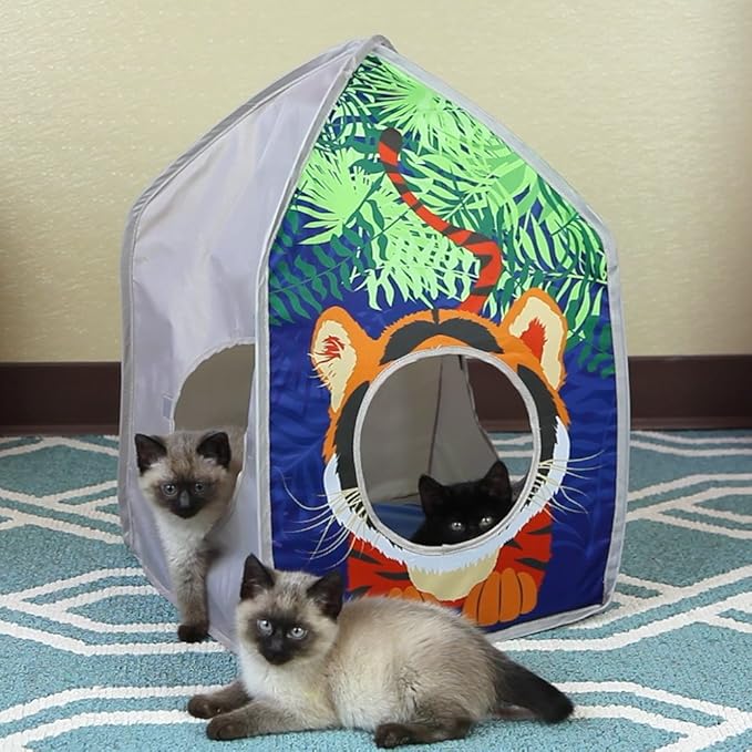 Kitty City Safari Jungle Tiger Pop-Up Cat House, Collapsible Indoor Cat Hideout with Peekaboo Openings, Lightweight Foldable Cat Playhouse