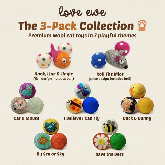 Hustle & Blush Love Ewe Felted Cat Toys 3 Pack - 2 Inch Dragonfly & Butterfly Hand Made Cute & Fun Design Kitten Wool Felt Balls for Indoor Play & Exercise - 100% New Zealand Handmade Felted Balls