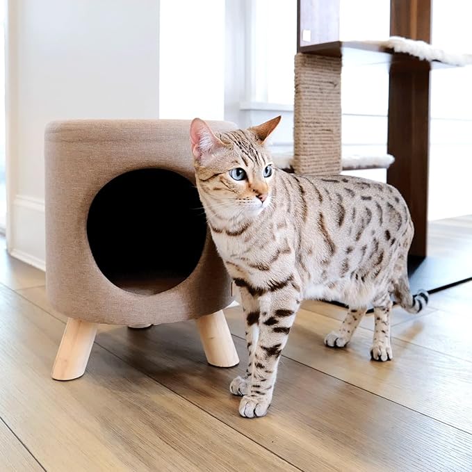 4 Cats & Dogs Wallie Stool – Plush Pet Stool & Bed with Wooden Legs, Cozy Cat Condo Furniture & Pet Nook Hideaway, Multipurpose Stool with Cozy Pads for Cats & Small Dogs, Tan