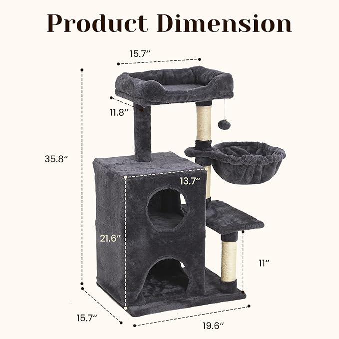Multi-Level Cat Tree Tower for Large Cats with Scratching Posts, Condos, Perch, Hammocks & Toys, Cat Jungle Gym for Indoor Cats, Ideal for Multi-Cat Households, Dark Grey