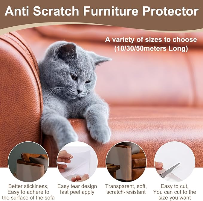 uxcell Anti Scratch Furniture Protector, 1 Roll 197" x 12" Single-Sided Sticky Couch Protector from Cat Claws, Clear Protectors from Cats Scratching for Sofa Corners, Walls, Doors
