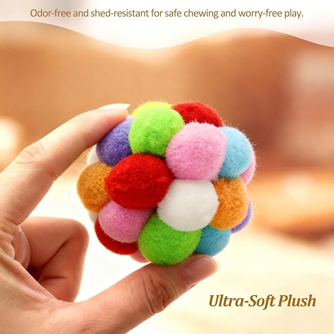 Soft Plush Cat Ball Toys with Bells Set of 4-Pack, Colorful Fuzzy Interactive Play Balls for Cats & Kittens