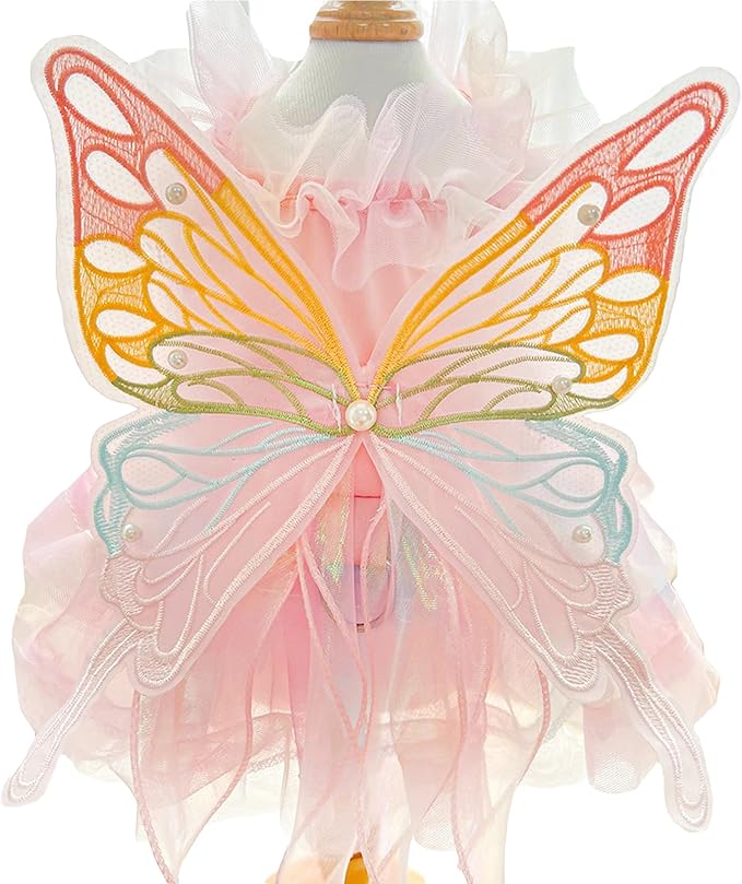BAMY Butterfly Wings Dog Dress Summer Pet Wedding Skirt Lace Princess Tutu Cute Party Cat Outfit for Small Medium Dogs (Pink, XXL (Chest 27.5inch/ 70cm))
