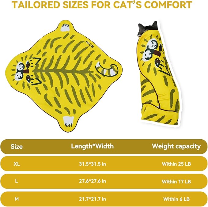BFNN Cat Grooming Wrap for Cutting Nails, 27.6" Anti-Escape Calming Cat Swaddle Wrap for Medicine, Nail Clipping, Teeth Brushing, Ear Cleaning, Self-Adherent Burrito Restraint, (Tiger Print, L)