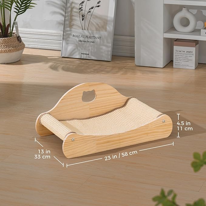 Avont Sisal Cat Scratcher Bed for Indoor Cats, Solid Wood Cat Scratching Lounge, No-Mess Horizontal Scratcher -Large