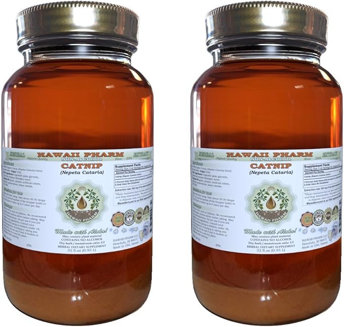 Catnip Alcohol-Free Liquid Extract, Catnip (Nepeta Cataria) Dried Leaf and Flower Glycerite Hawaii Pharm Natural Herbal Supplement 2x32 oz Unfiltered
