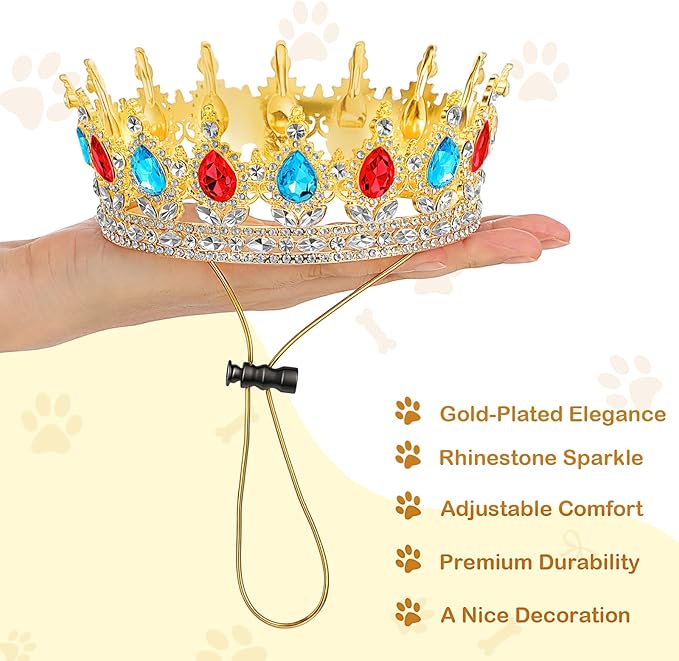 Abbylike Pet Princess Crown for Dog Cat Pink Halloween Costume with Adjustable Strap Gold Glitter Rhinestone King Crown Hat for Pet Birthday Party Adoption Celebration Photos Prop Cosplay Accessory(L)