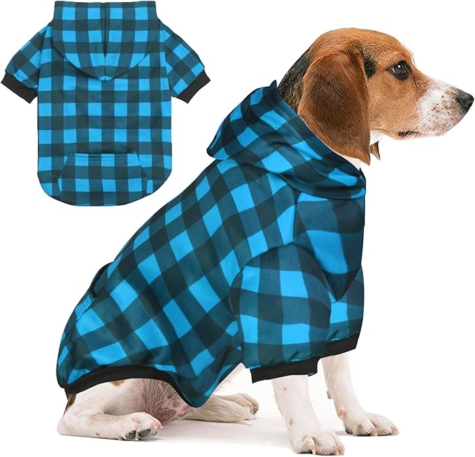 Plaid Dog Sweaters Hoodies Sweatshirts for Dogs Cats, Warm and Soft Cold Weater Coats for Christmas (Blue, Medium/Large)