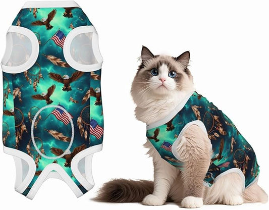 Recovery Suit for Dogs Cats Onesie Native American Flag Eagle Dream Catcher Alternative After Surgery Wear Anti Licking Abdominal Wounds Pet Surgery Recovery Suit