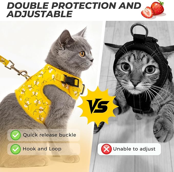 BINGPET Cat Harness with Leash and Collar for Walking - Escape Proof with 59 Inches Leash - Adjustable Soft Vest Harnesses for Medium Large Cats Bee