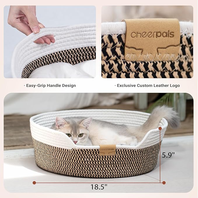CHEERHOME PETS Cat Bed Basket with Cushion, Cotton Rope Woven Pet Bed for Indoor Cats Couch, Stimulicat Cat Bed Handwoven Breathable, All Season Universal (Brown)