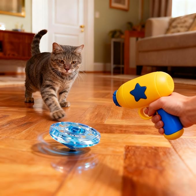 12 Pcs Cat Fetch Toy Set with 3 Blue Spinning Tops 6 Flying Discs Colorful Interactive Toys for Kitten Chasing Tracking Playing Training Hunting