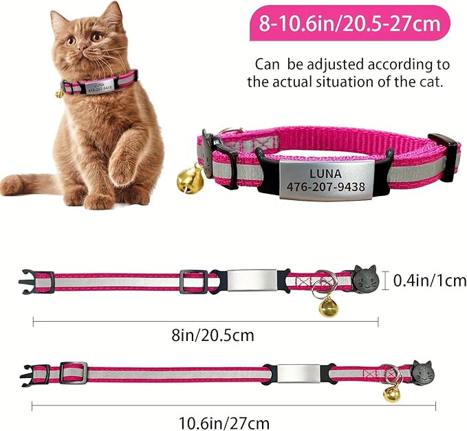 Personalized Reflective Cat Collars with Name Tag, Engraved Custom with Name and Phone, Nylon Breakaway Adjustable Identification Collar for Small, Medium, Kitty Cats