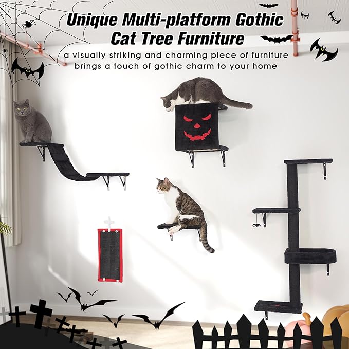 Cat Hammock Wooden Wall-Mounted Shelves Cat Climber Set of 5, Floating Cat Perches, Hanging Cat Beds for Sleeping/Playing/Climbing-Modern Cat Bed & Furniture for Large Cats Or Kitty, Gothic