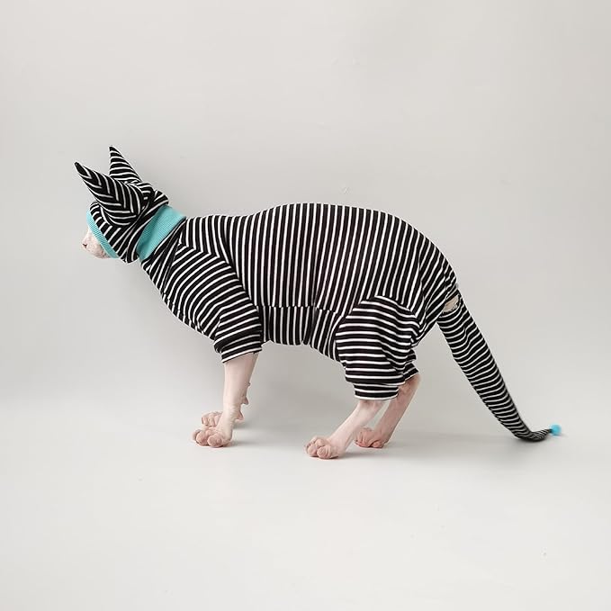 Hairless Cat Clothes, Cat Jumpsuit with Stripes 4 Legged Pajamas, Sphinx Clothing, Cat Apparel for Cats, Pet Onesies, Striped Cat Clothing with Hat and Tail Cover Set (Large, Only Jumpsuit)