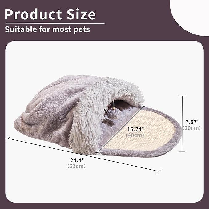 Pet Slipper Cave Bed for Indoor Cats and Small Dogs with Scratching Board, Anti-Slip & Durable, Washable for Kittens and Small Pets, Gray