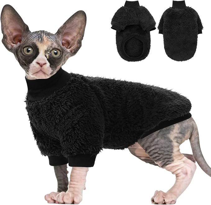 Sphynx Cat Sweater, Hairless Cats Turtleneck Pullover Kitten Sweaters for Cats Only, Warm and Soft Cat Pajamas Shirt with Sleeves Pet Winter Clothes Fleece Jumpsuit for Puppy, Black S