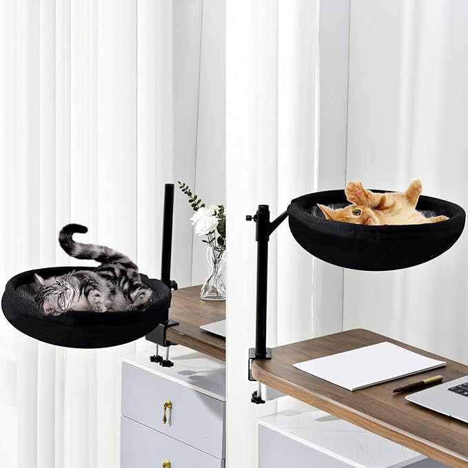 Desk Cat Bed Hammock, 360 Rotating Cat Nest Seat, Space Saving Pet Bed Mounted On Table with Washable Cushion Cover, Modern Cats Furniture for Home Office Setup Desktop Use