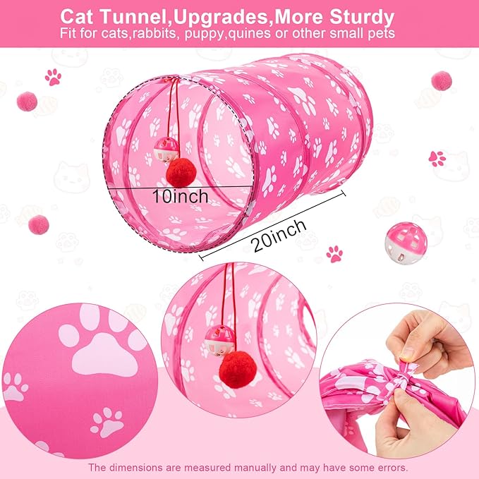 Leitee 40 Pcs Cat Toys Pack for Indoor Cats Kitten, Variety Set with 2 Cat Tunnel Collapsible Cats Spring Tube, Feather Teaser Wand, Bell, Mouse, Fuzzy Ball for Interactive Gift(Pink)