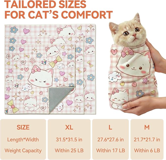 BFNN Cat Grooming Wrap for Cutting Nails, 31.5" Anti-Escape Calming Cat Swaddle Wrap for Medicine, Nail Clipping, Teeth Brushing, Ear Cleaning, Self-Adherent Burrito Restraint, (Happy Kitty, XL)