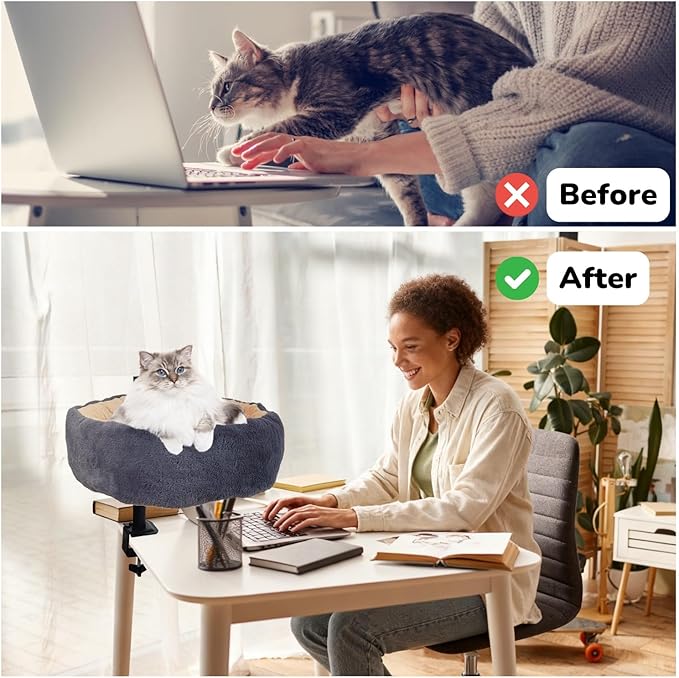17.5" Large Cat Desk Bed,One-Button Easy Lift & Rotate,Extra Thick Cushion,Additional Cooling Mat,Reversible Two-Tone,Super Soft Plush Faux Fur Table Pet Bed,Machine Washable Bed(Twilight Duo, Large)