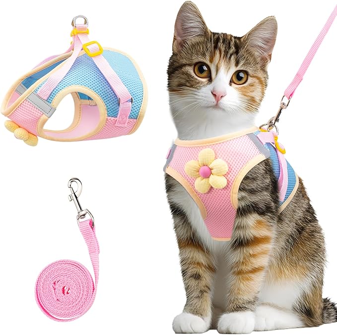 Cat Harness and Leash Set Escape Proof, Adjustable Cat Vest Harnesses Soft Kitten Harness Reflective Strips Jacket with Flower, Breathable Mesh Harnesses for Cats Puppy Easy to Wear Outdoor Walking