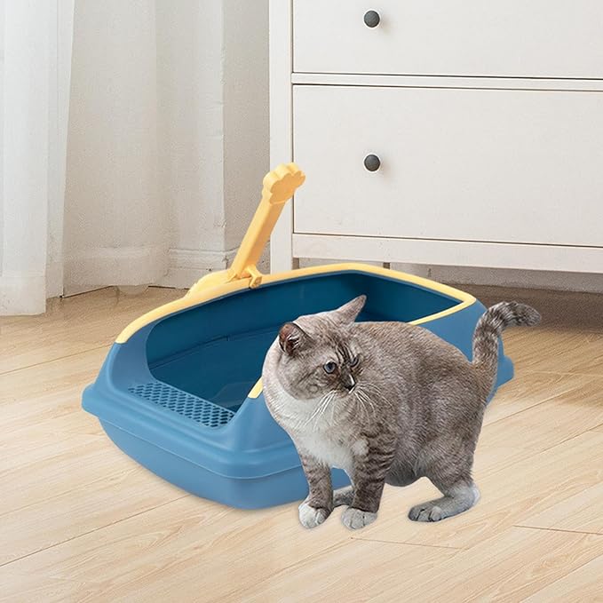 Cat Litter Box Open Top High Sided Anti Splashing Litter Tray with Scoop for Indoor Cats Kittens (2 Sizes)- L Blue