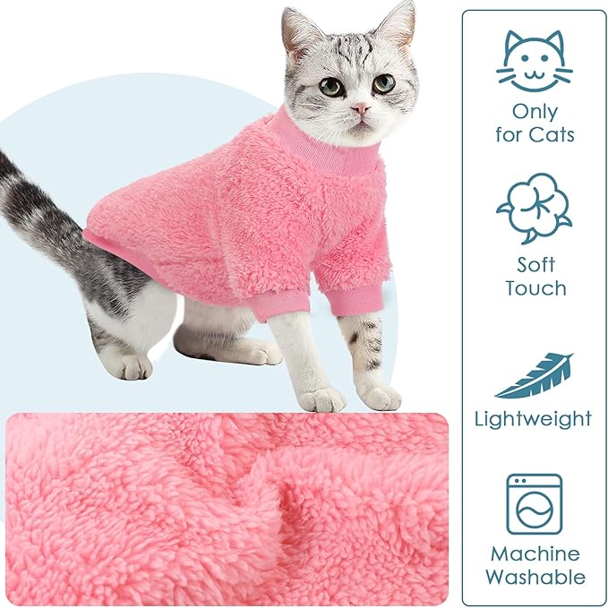 Sphynx Cat Sweater, Hairless Cats Turtleneck Pullover Kitten Sweaters for Cats Only, Warm and Soft Cat Pajamas Shirt with Sleeves Pet Winter Clothes Fleece Jumpsuit for Puppy, Pink M