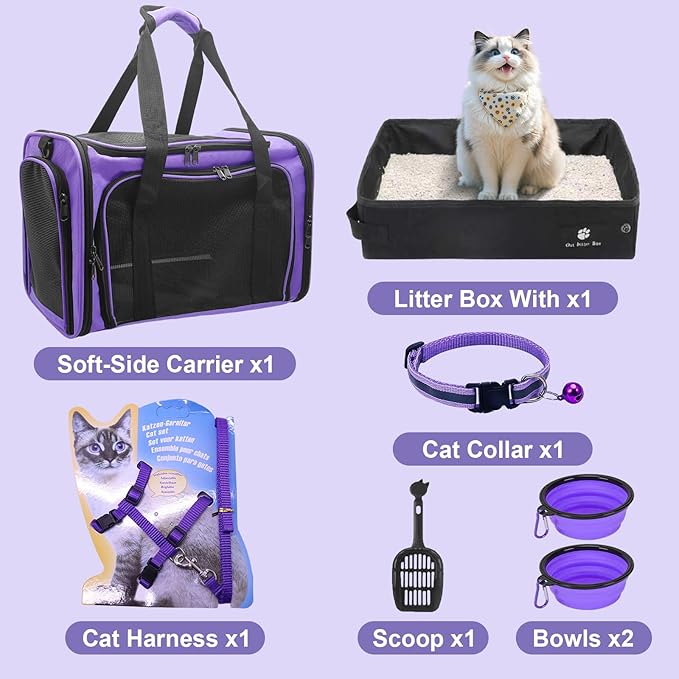 Soft-Sided Cat Carrier with Litter Box for Traveling & Camping, Pet Bag Fit 20lbs Pets,17.7' * 11.8 * 11.8 inches Cat Travel Carrier, Purple