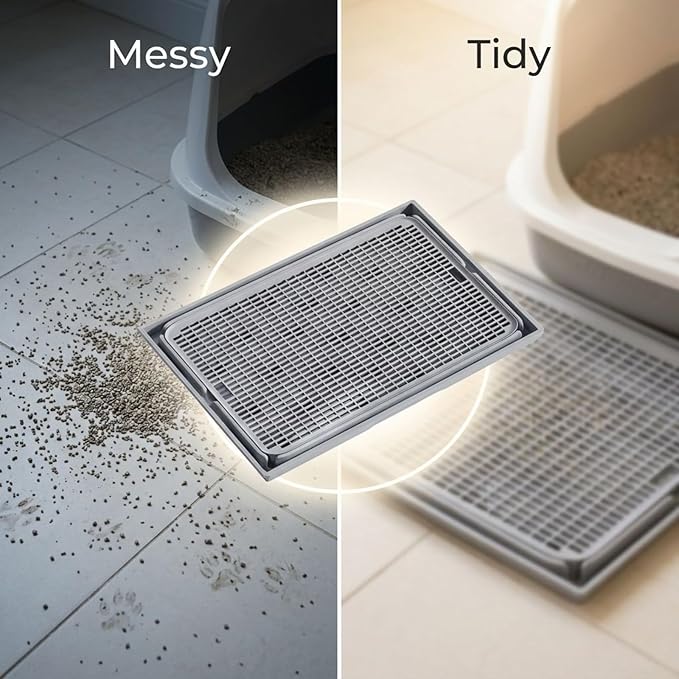 Odor Control Cat Litter Mat, Double Layer Trapper Pad, 16.5 X 11.2 X 0.8 in, Light Grey, Anti-Slip Plastic,
