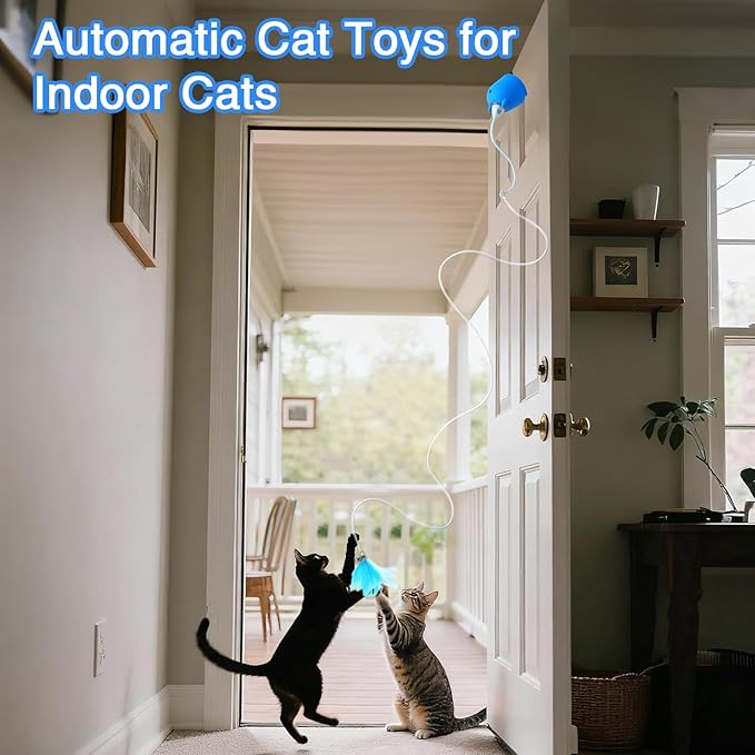 Cat Toys Interactive for Indoor Cats, Rechargeable Toy Hanging Door Electric with 4pcs Feathers Toys for Bored Kittens (Blue)