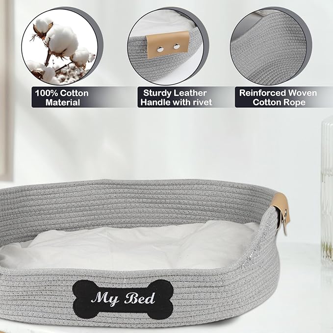 Cat Beds for Indoor Cats, 21.6''X15.7'' Cotton Rope Kitty Nap Bed with Soft Cushion, Handwoven Basket - Scratch Resistant