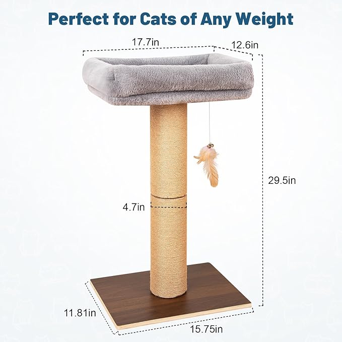Cat Scratching Post, Retro-Style Tall Cat Scratcher Tower with Removable Gray Fluffy Cusion Perch, Natural Pine & Sisal Cat Scratcher for Indoor Cats, Medium